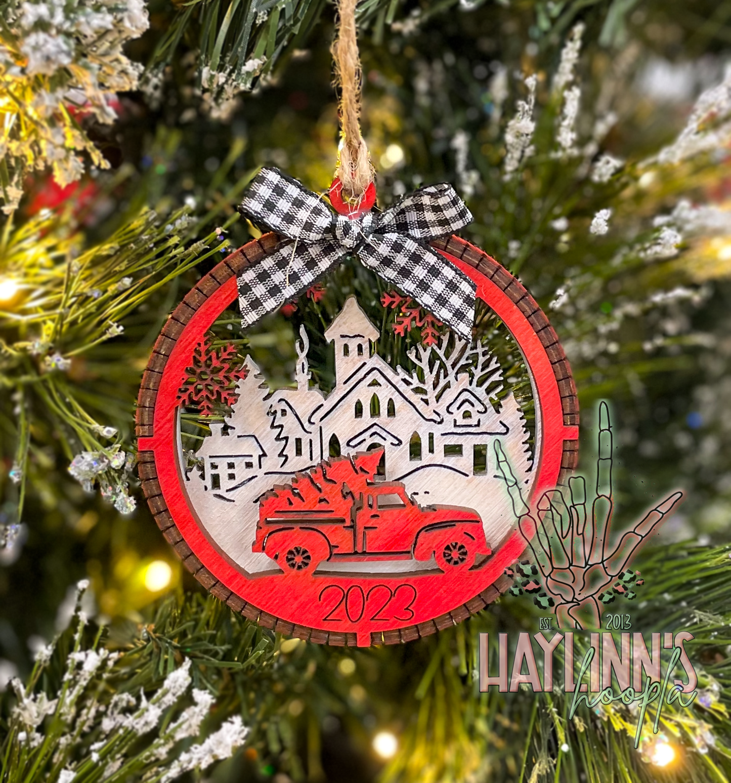 Old Truck Small Town {3D LIVING HINGE} Wood Christmas Ornament