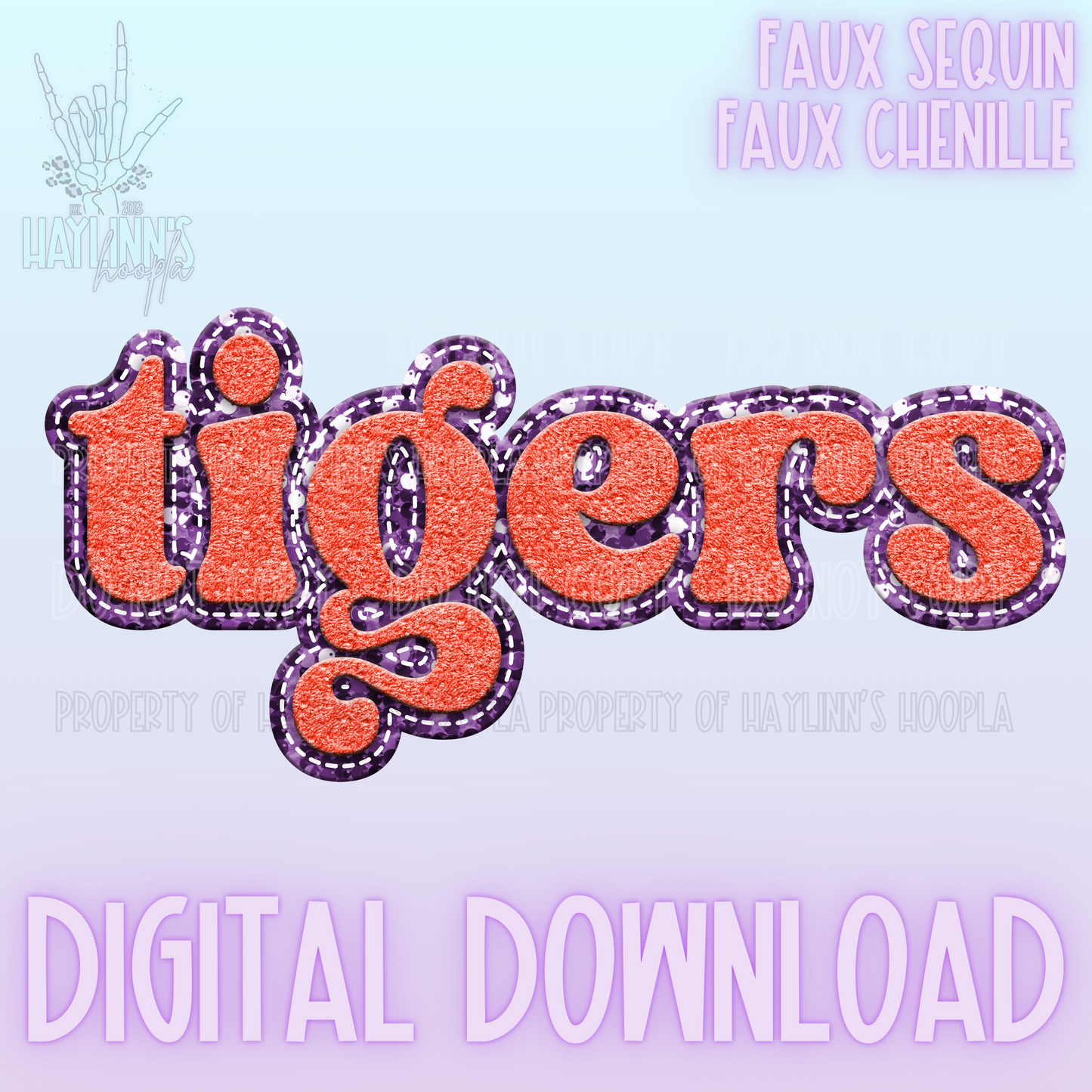 Retro Faux Chenille/Sequin TIGER Word DIGITAL DESIGN {orange/purple}