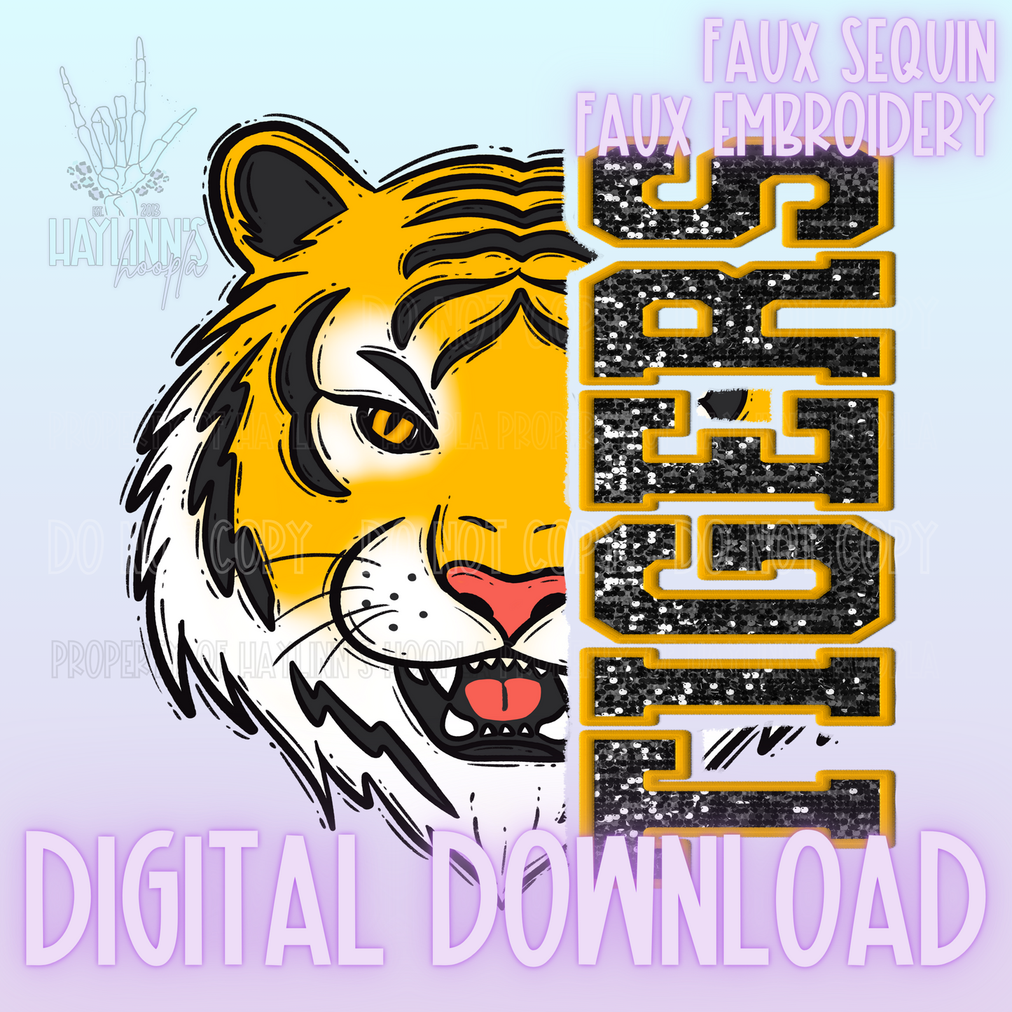Trendy Faux Sequin/Embroidered GOLDEN TIGER Mascot DIGITAL DESIGN {black/gold}