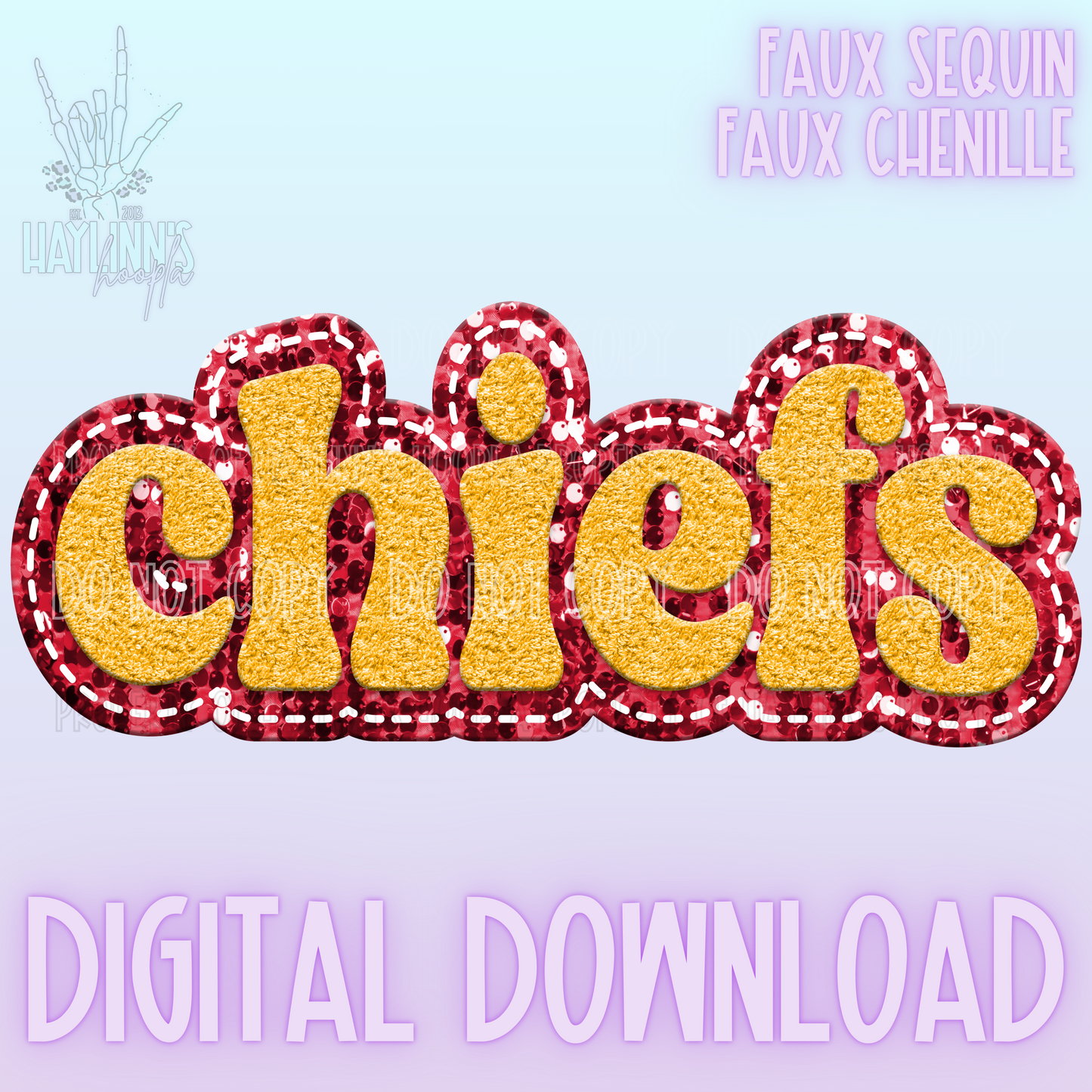 Retro Faux Chenille/Sequin CHIEFS Word DIGITAL DESIGN {red/gold}