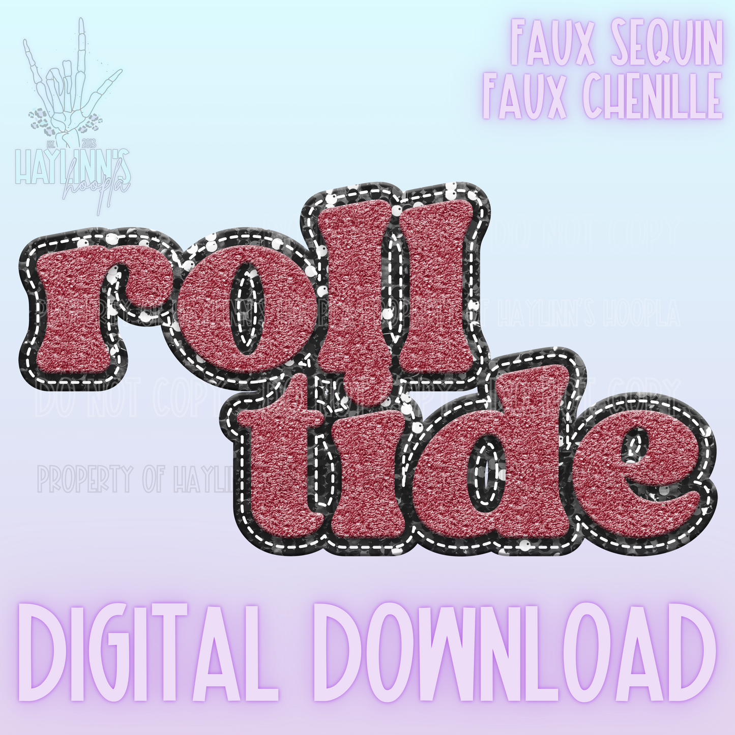 Retro Faux Chenille/Sequin ROLL TIDE Word DIGITAL DESIGN {crimson/gray}