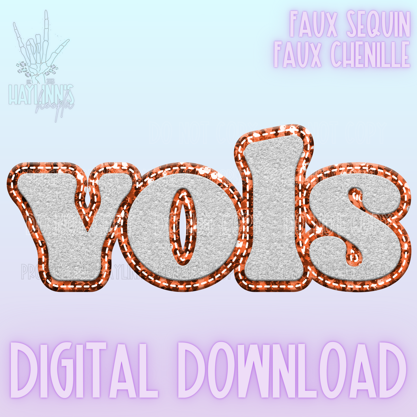 Retro Faux Chenille/Sequin VOLS Word DIGITAL DESIGN {white/orange}