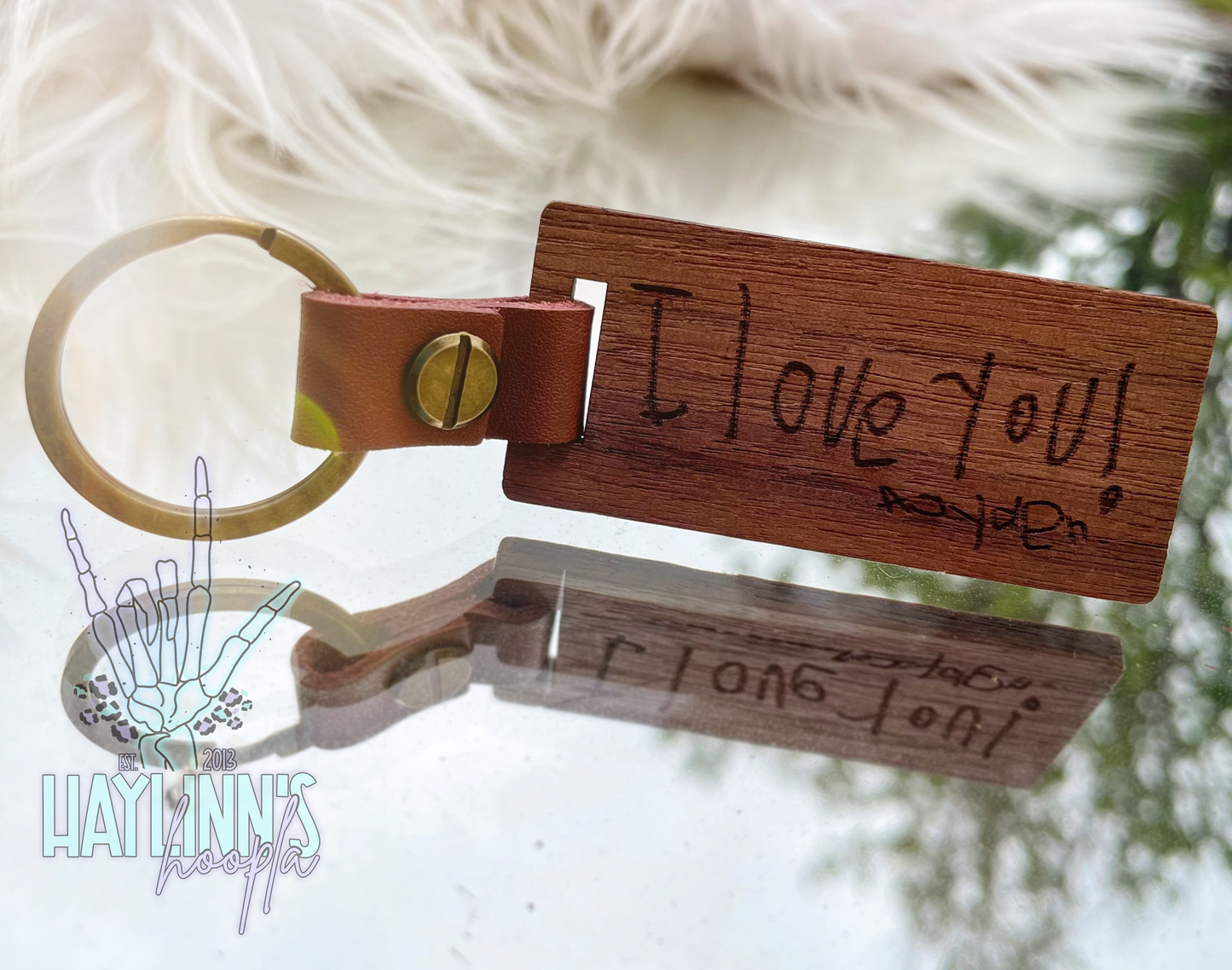 Your Own Handwriting Wooden Keychain {leather accent}