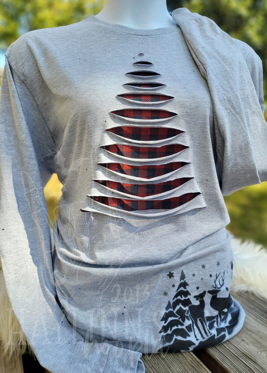 Buffalo Plaid CHRISTMAS TREE Ripped Tee