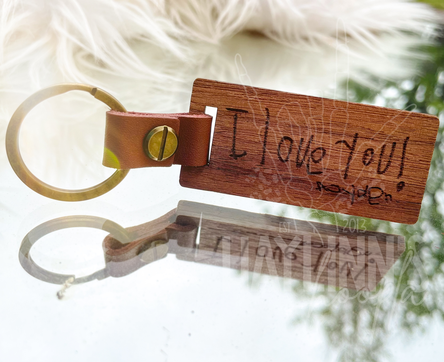 Your Own Handwriting Wooden Keychain {leather accent}