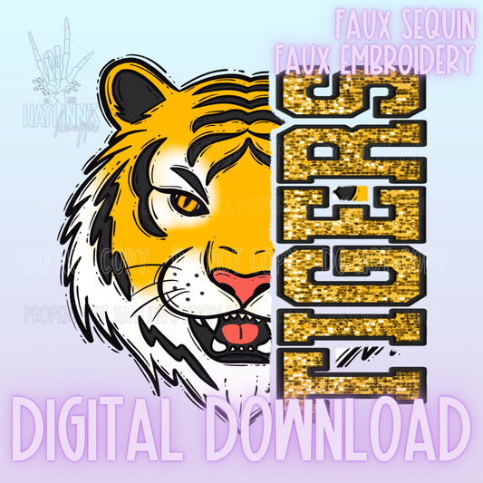 Trendy Faux Sequin/Embroidered GOLDEN TIGER Mascot DIGITAL DESIGN {gold/black}