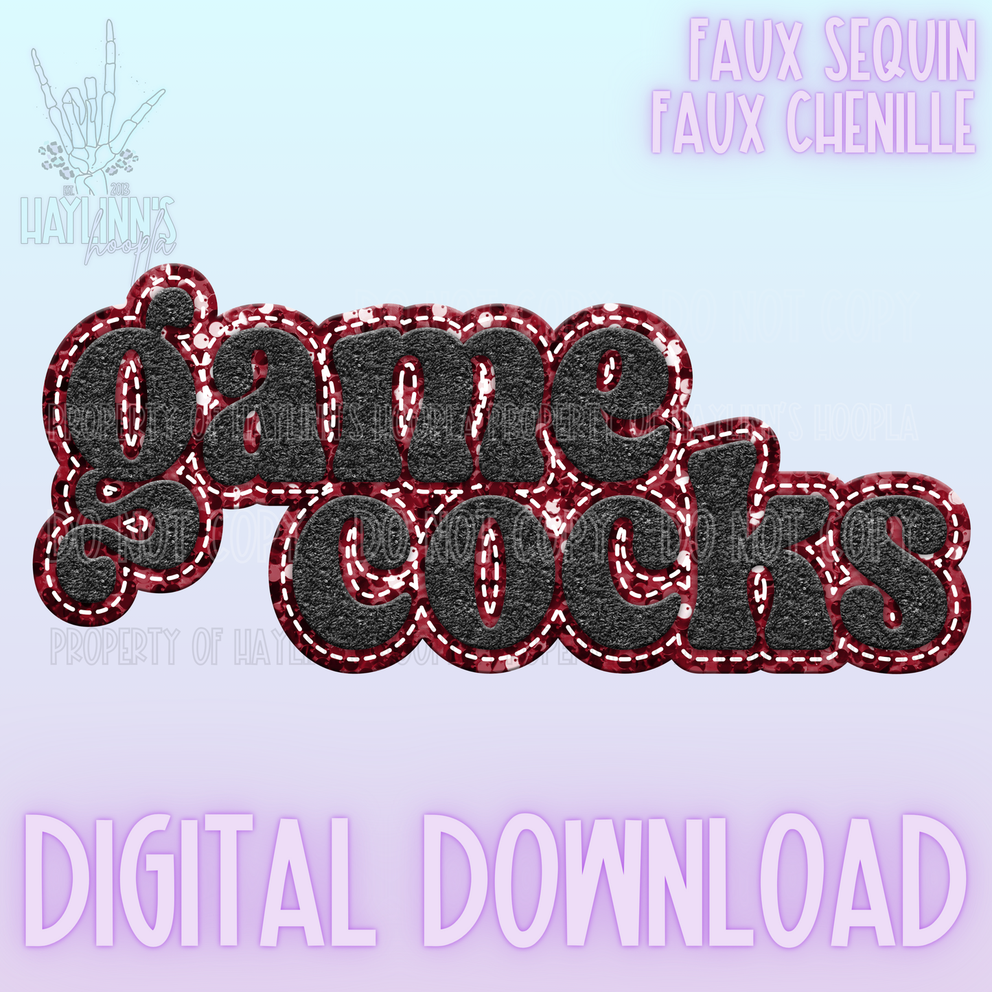Retro Faux Chenille/Sequin GAMECOCK Word DIGITAL DESIGN {black/garnet}