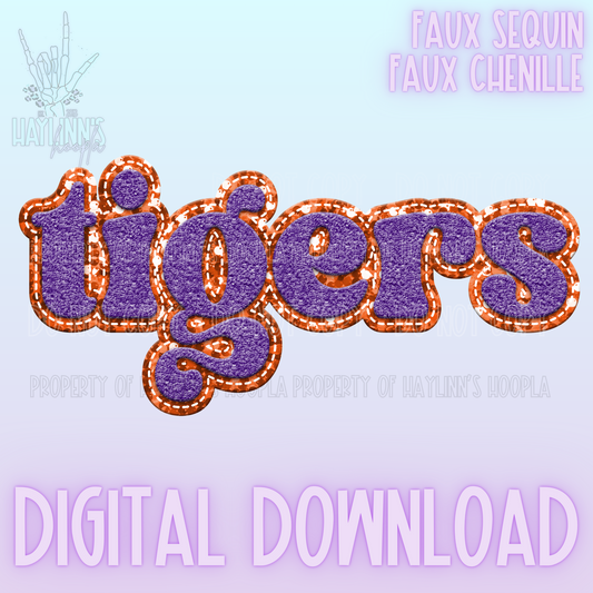 Retro Faux Chenille/Sequin TIGER Word DIGITAL DESIGN {purple/orange}