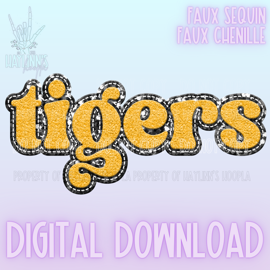 Retro Faux Chenille/Sequin TIGER Word DIGITAL DESIGN {gold/black}