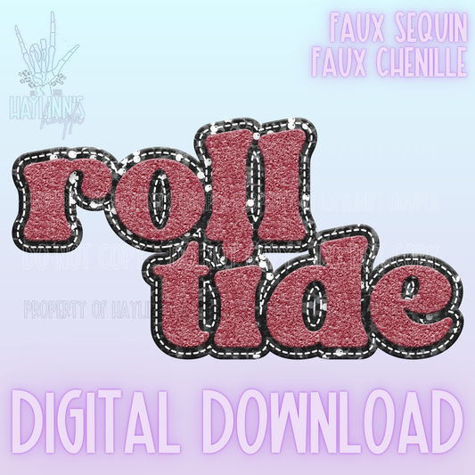 Retro Faux Chenille/Sequin ROLL TIDE Word DIGITAL DESIGN {crimson/gray}