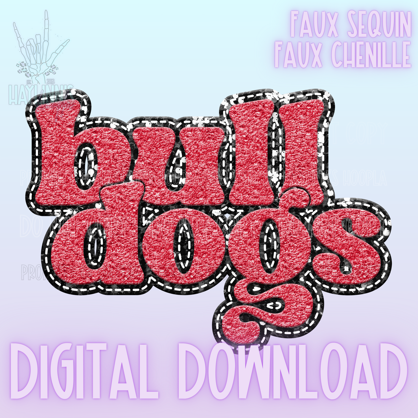 Retro Faux Chenille/Sequin BULLDOG Word DIGITAL DESIGN {red/black}