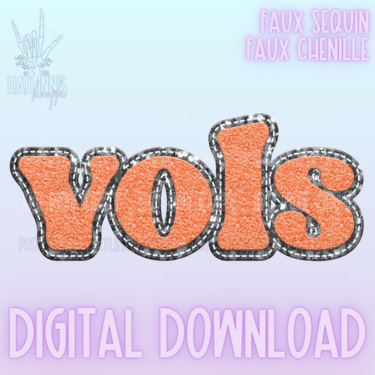 Retro Faux Chenille/Sequin VOLS Word DIGITAL DESIGN {orange/gray}