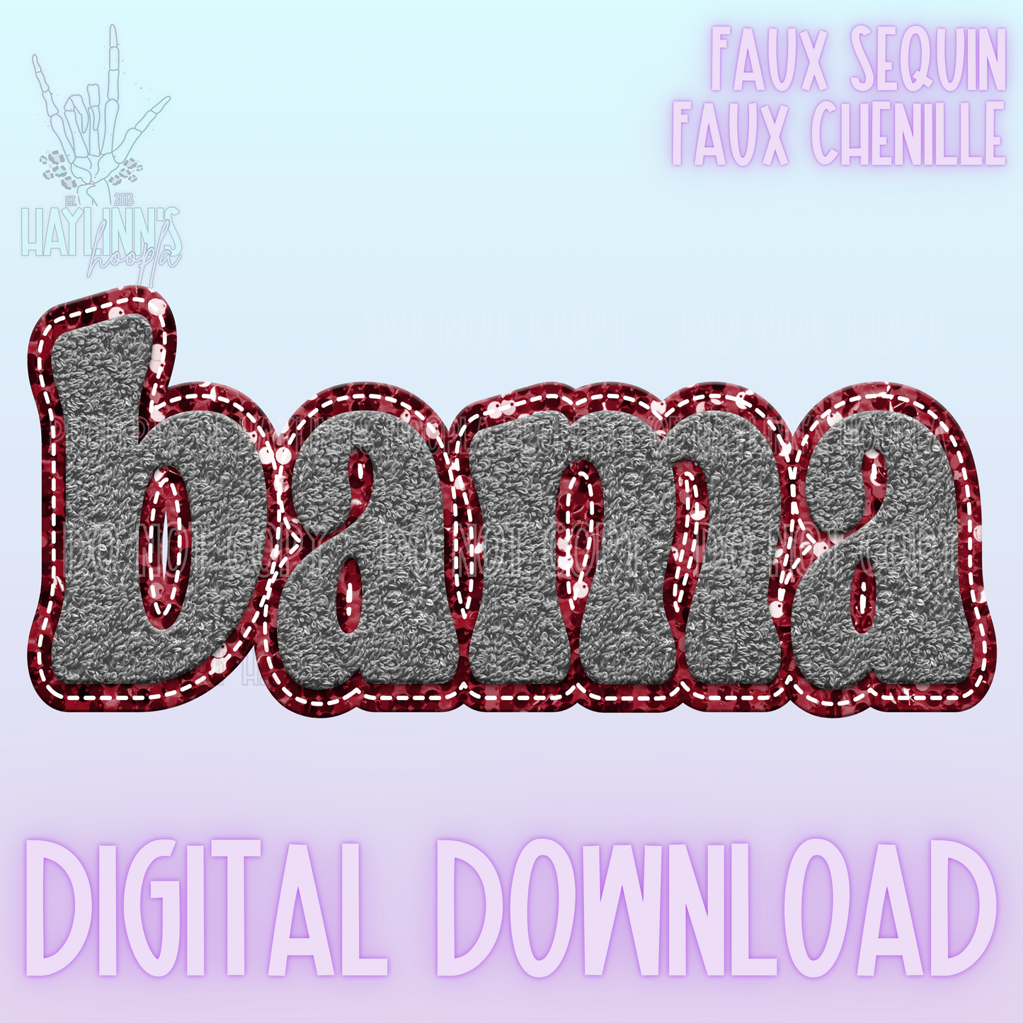 Retro Faux Chenille/Sequin BAMA Word DIGITAL DESIGN {gray/crimson}