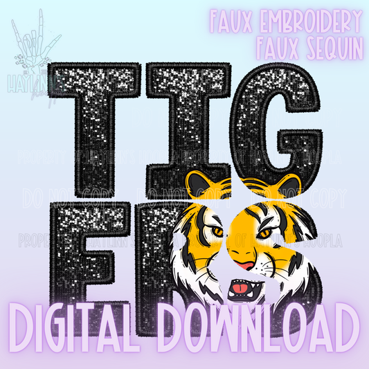 Knockout Faux Sequin/Embroidered TIGERS Mascot DIGITAL DESIGN {black/gold}