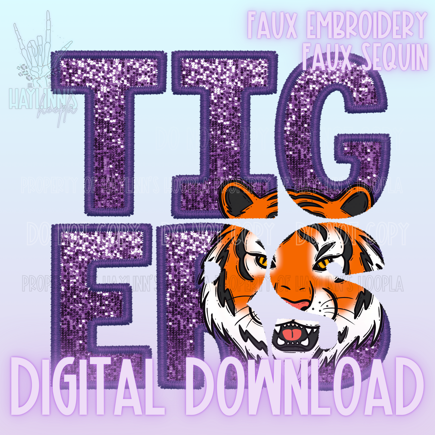 Knockout Faux Sequin/Embroidered TIGERS Mascot DIGITAL DESIGN {orange/purple}