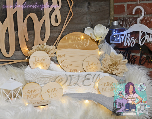 Wooden Hello World Baby Milestones Month Announcement