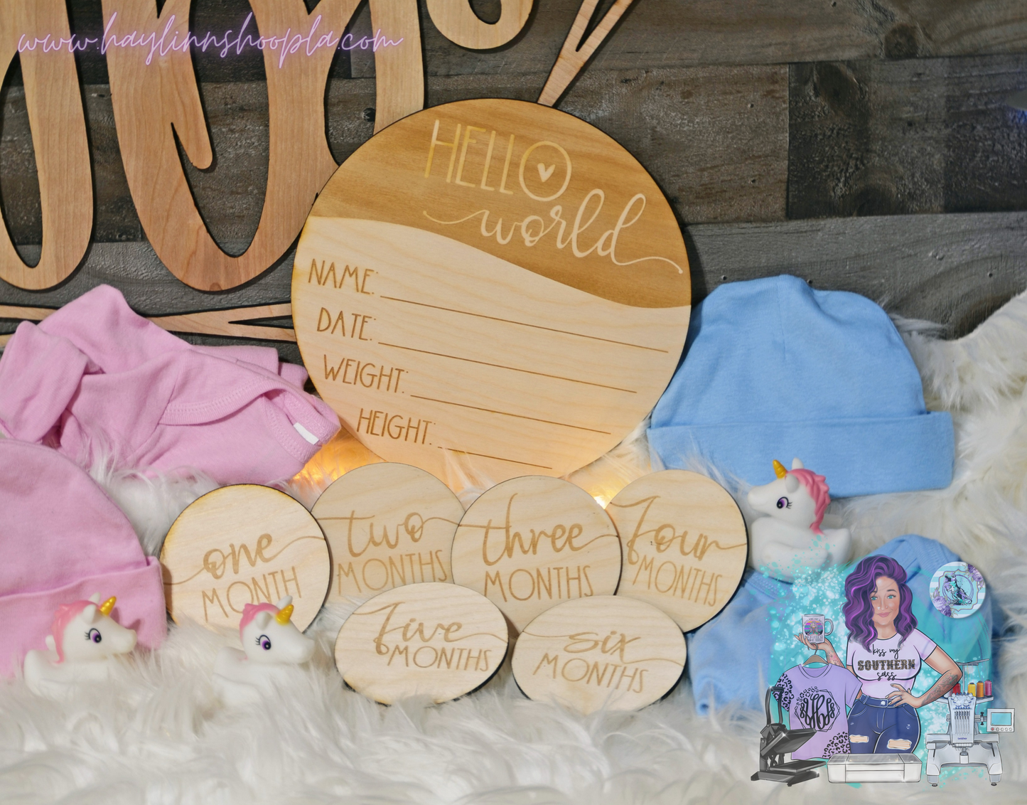 Wooden Hello World Baby Milestones Month Announcement
